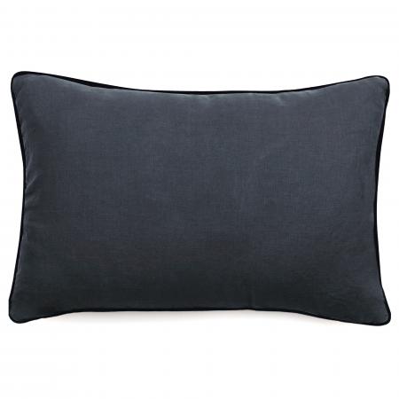 Housse de coussin PRELUDE 40x60 cm finition biais noir face en lin lavé et dos en coton lavé bleu Granit