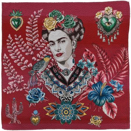 Carré de tissu jacquard polycoton motif Frida Kahlo ARTISTA rose Fuchsia
