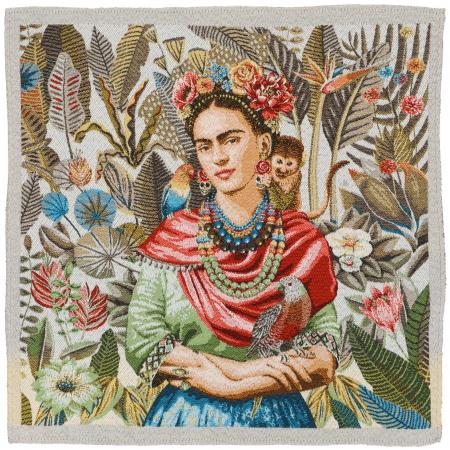 Carré de tissu jacquard polycoton motif Frida Kahlo CARMEN Blanc Lin