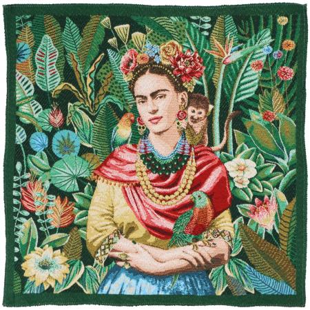 Carré de tissu jacquard polycoton motif Frida Kahlo CARMEN vert