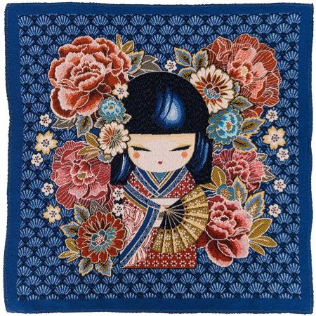 Carré de tissu jacquard polycoton motif geisha chibi MINA bleu Indigo