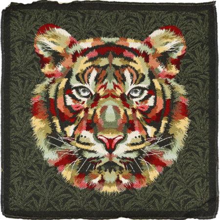 Carré de tissu jacquard polycoton motif tête de tigre SHEREKAHN vert Kaki