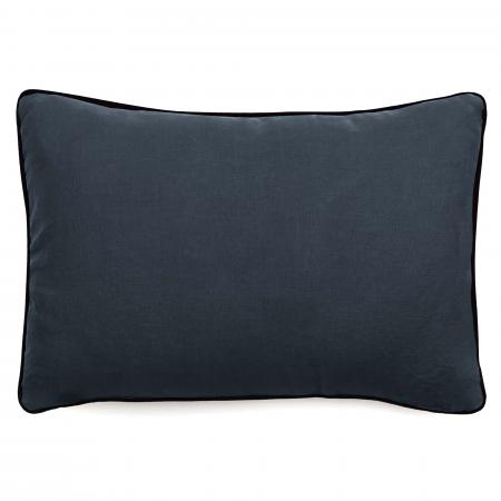 Housse de coussin PRELUDE 55x80 cm finition biais noir face en lin lavé et dos en coton lavé bleu Granit