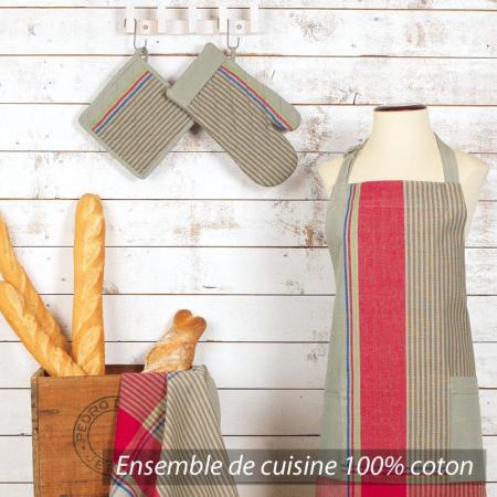 Set de cuisine Cocina 4 pieces : tablier, gant, manique et torchon - Bandes gris et rouge