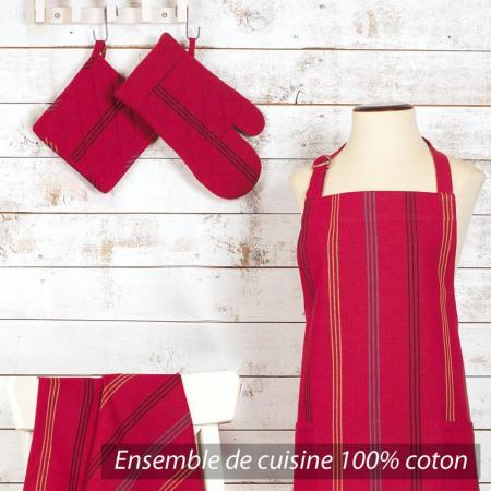 Set de cuisine Cocina 4 pieces : tablier, gant, manique et torchon - Rouge et fines rayures