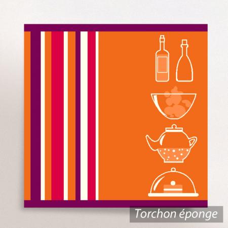 Torchon en éponge IKO - motif ustensiles de cuisine - Mauve / orange - 50x50 cm