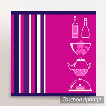 Torchon en éponge IKO - motif ustensiles de cuisine - Mauve / violet - 50x50 cm
