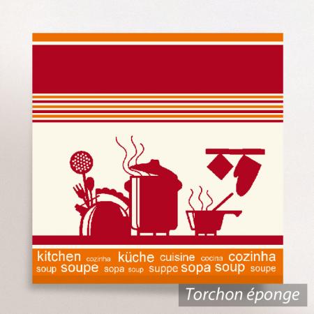 Torchon en éponge STOVE - motif cuisson - Bordeaux / orange - 50x50 cm