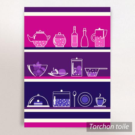 Torchon en toile IKO - motif ustensiles de cuisine - Mauve / violet - 50x70 cm