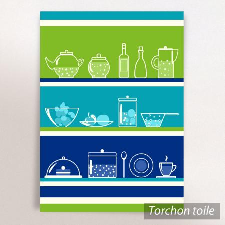 Torchon en toile IKO - motif ustensiles de cuisine - Vert / bleu - 50x70 cm