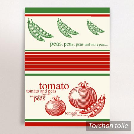 Torchon en toile SALAD - motif petits pois et tomate - Ecru / vert / rouge - 50x70 cm