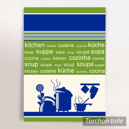 Torchon en toile STOVE - motif cuisson - Vert / bleu - 50x70 cm