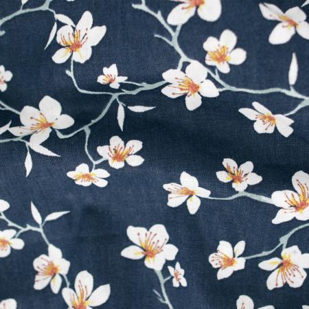 Tissu coton cretonne motif fleurs AMANDIER bleu Marine