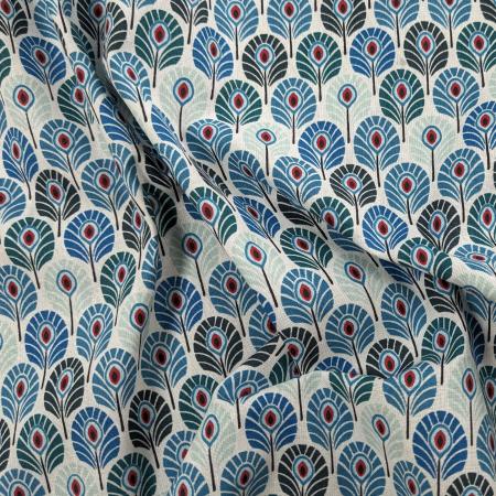 Tissu coton cretonne motif Plumes de paon PAON bleu Paon