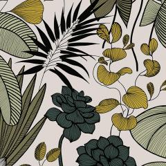 Tissu Anti-tâches, enduction acrylique ambiance végétale avec un imprimé tropicale de fleurs et végétation avec un contour noir enduit JAKARTA vert Emeraude
