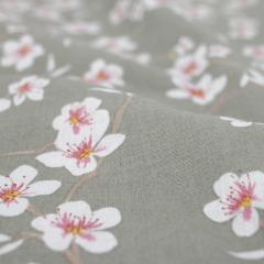 Tissu coton cretonne enduite motif fleurs AMANDIER vert Sauge